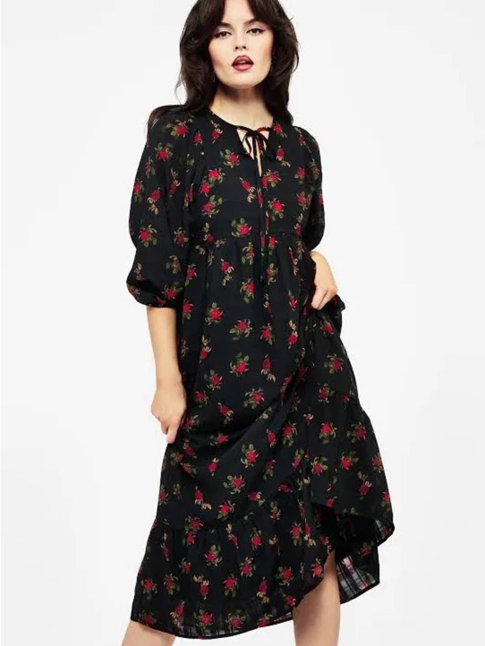 Disturbia Black Floral Long Sleeve Maxi Dress with Red Rose Print